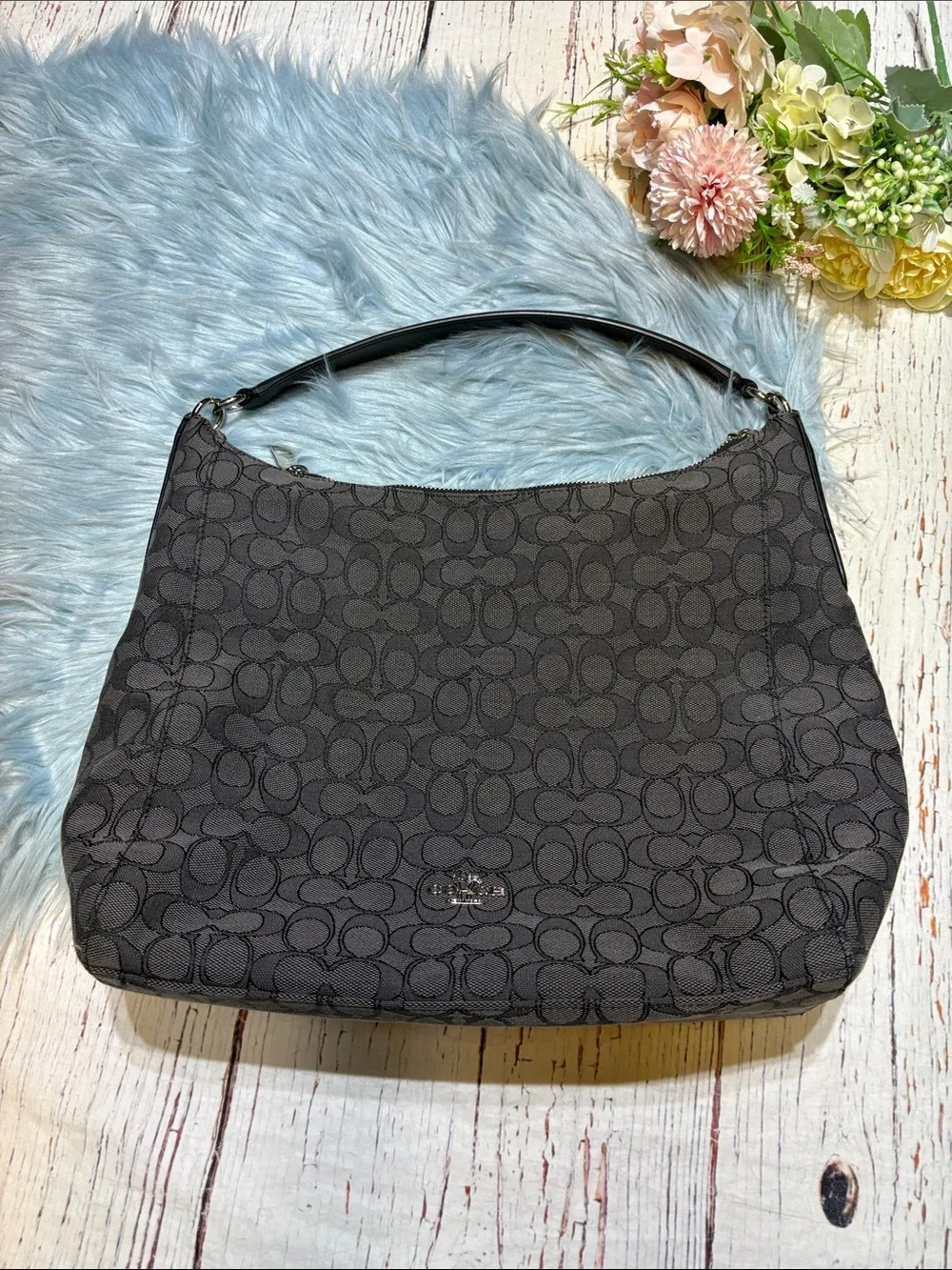 Coach Celeste Hobo Black Smoke Signature Tote Bag Canvas Monogram